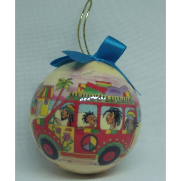 St. Thomas U.S.V.I. Ornament Agiftcorp Christmas 3" round hanging Reggae red bus - Picture 2 of 8